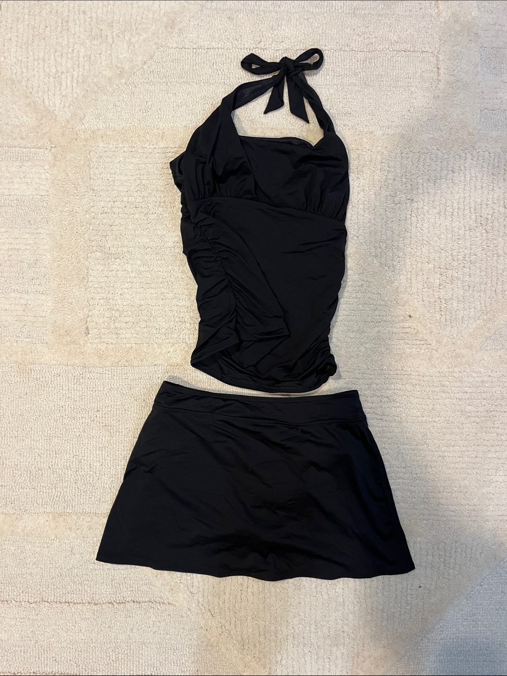 Lands' End Solid Black Halter Tankini with Skirted Bottom